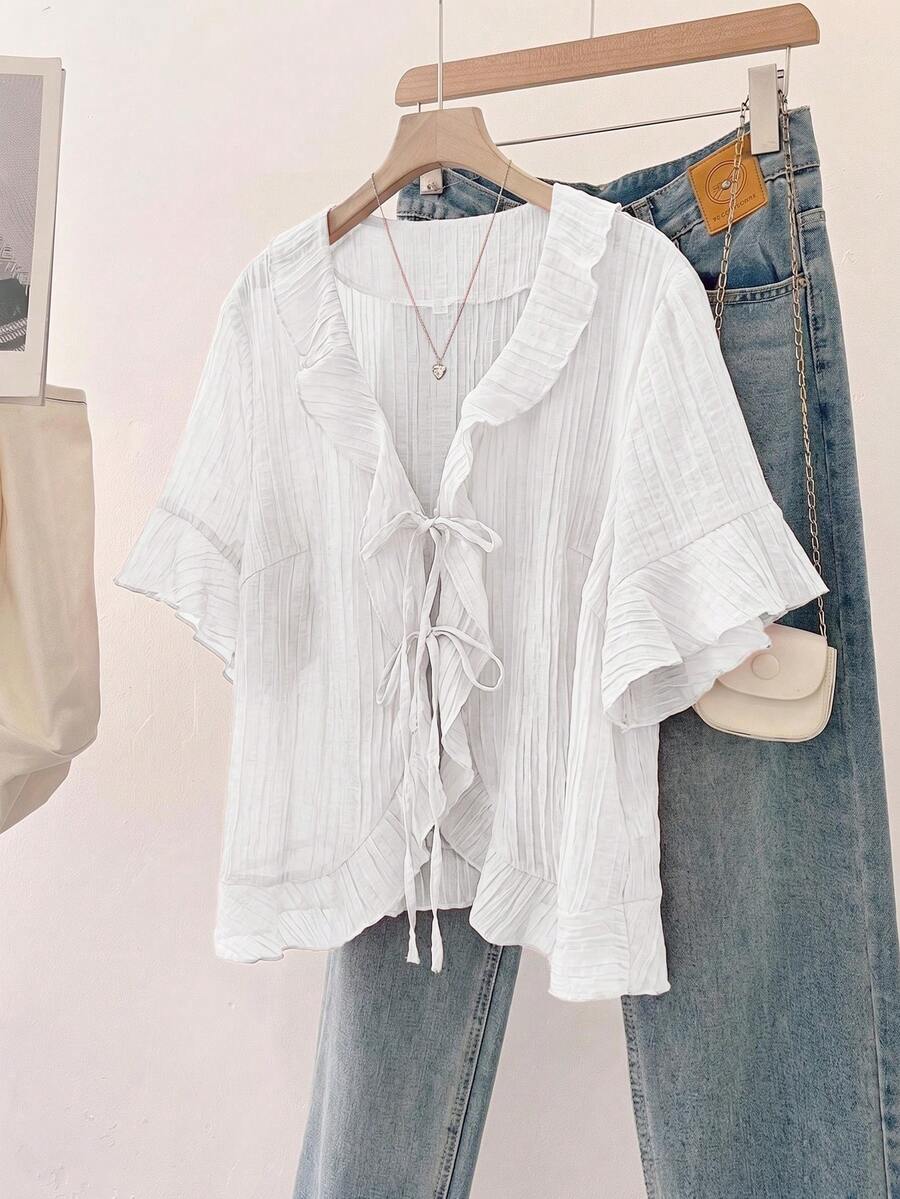 PARARAL 大码女装夏季时尚纯色拼接荷叶边系带透明衬衫 - 女士休闲夏季服装 白色