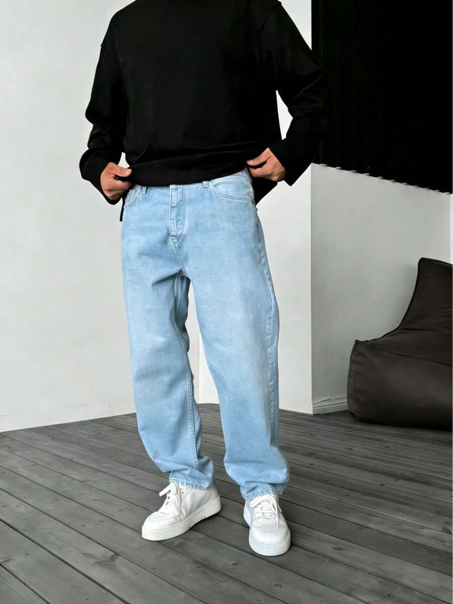 Men's Y2K Straight Leg Washed Casual Jeans, Minimalist Black Denim Pants - Light Wash - View 1