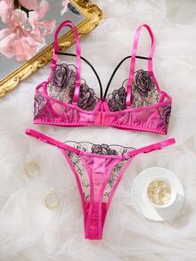 1 Set Of 2 Pieces Hot Pink Floral Rose Embroidery Sheer Lingerie Set With Bra & Panty - Hot Pink - View 2