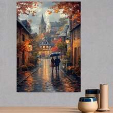 Kit de Pintura de Diamante 5D Temática Amor Paisaje - Amantes bajo la Lluvia Sin Marco Bordado Redondo con Diamantes Mosaico Arte, 40x70cm/15.75x27.56 pulgadas Lienzo Acrílico Completo de Diamantes, Adecuado para Decoración de Paredes en Sala de Estar y Dormitorio Regalo - Enmarcado - Ver 3