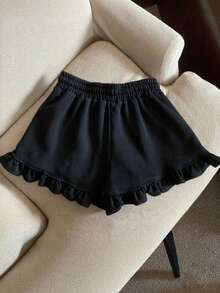 High Waist Loose Frill Trim Design Casual Sports Shorts For Women, Fashionable Wide Leg Loungewear - Black - View 6