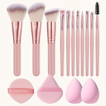 15 Stück Multifunktions-Make-up-Pinsel-Set inklusive Puder-Pinsel, Rouge-Pinsel, Foundation-Pinsel, Lidschatten-Pinsel, Kontur-Pinsel, Beauty-Schwamm & rosa Make-up-Puff