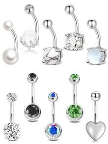 14G 316L 不锈钢低过敏性肚脐环套装，镶嵌水钻、猫眼、珍珠、心形设计，性感沙滩比基尼身体饰品，送给女朋友的礼物 - 彩色 - 查看 1