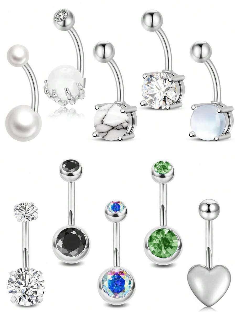 14G 316L 不锈钢低过敏性肚脐环套装，镶嵌水钻、猫眼、珍珠、心形设计，性感沙滩比基尼身体饰品，送给女朋友的礼物 - 彩色 - 查看 1