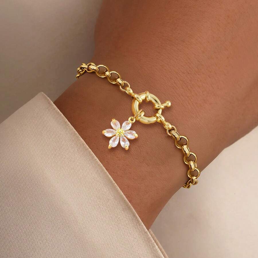 1 pieza Nuevo brazalete de cadena de acero inoxidable dorado con dije de margarita colorida clásica para mujer - margarita - Ver 1