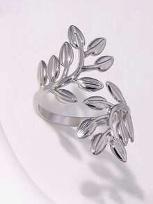 1pc Minimalist Stainless Steel Leaf Wrapped Open Ring, Versatile Daily Wear - Leaf Ring - View 2