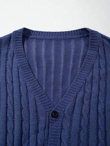 Men's Casual Loose Solid Color Twist Rope Textured V-Neck Button-Up Short Sleeve Knit Cardigan Sweater, Navy Blue, Spring/Summer - Navy Blue - View 5