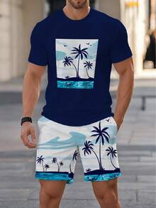 Men's Navy Blue Coconut Tree Island Print Short Sleeve T-Shirt + Coconut Tree All-Over Print Shorts 2-Piece Set, Summer Beach Vacation Casual Outfit, Breathable & Comfortable, Essential For Outing And Street Wear - Multicolor - View 4