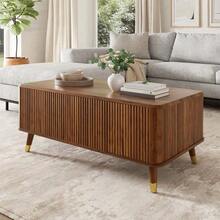 Modern Retro-Style Coffee Table, Height-Adjustable Tabletop, Wavy Structure, Walnut Finish, Wooden Legs, Ample Storage Space, Multifunctional Living Room Table. - Natural Color - View 5
