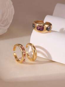 3件套时尚金属粉色水钻指节戒指套装，适合女士日常及节日佩戴 - 彩色 - 查看 2