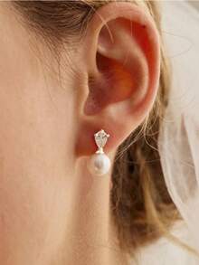 14k Gold Plated CZ Pearl Bridal Earrings, Low Allergy Gold Plated Earrings, Elegant Wedding Bride Pearl Jewelry For Women Holiday Gifts Birthday Gifts - Multicolor - View 12