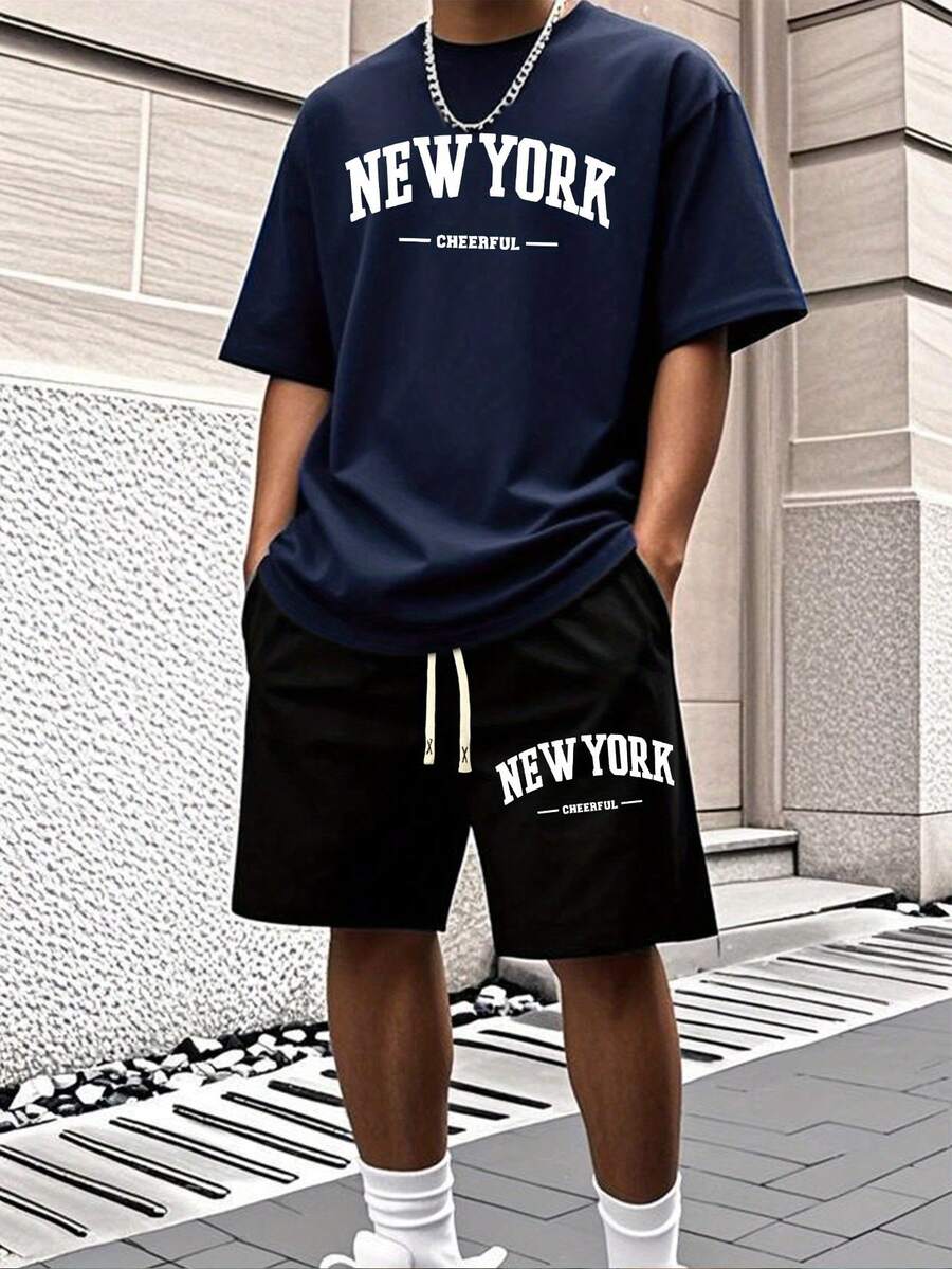 Men'S New York Casual Short Sleeve Black With White Lettering Casual Style| Comfortable Fit, PLUS SIZE  Men's Casual Outfit, Cotton Sportswear Set - 海軍藍 - 查看 1