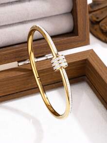 1pc Stainless Steel Non-Fading Fashionable Minimalist Luxurious Niche Design Ins Style Sweet Elegant Exquisite Creative Unique White Shell With Diamonds Bracelet For Women, Daily Wear & Girlfriend Gift - Silver - View 14