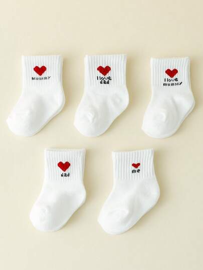 5 đôi tất cổ cao in hình trái tim và chữ cái cho bé, thích hợp cho cả trong nhà và ngoài trời, mặc hàng ngày, mọi mùa.