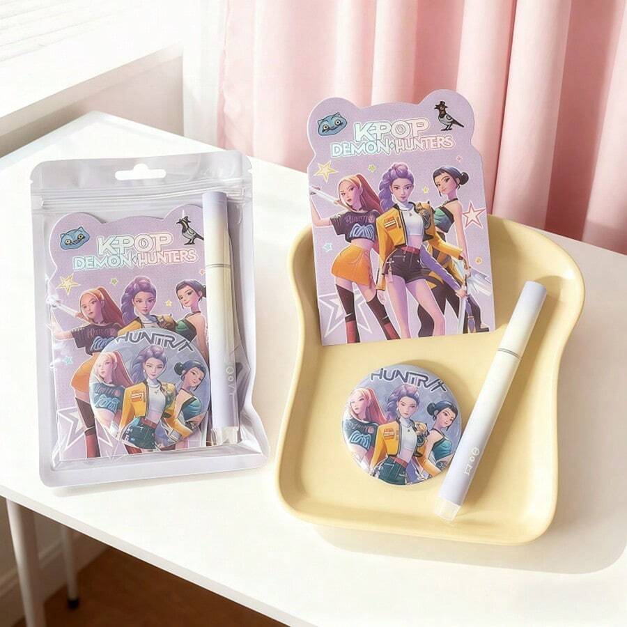 1 Set K-Pop D-Emon Hunter Stationery Set, Includes Pen, Pencil, Ruler, Random Design, Cute Fan Gift - Multicolor - View 1