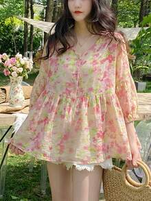 YUXIN Áo kiểu babydoll tay lửng 3/4 cổ tròn dáng rộng mùa hè mới, áo blouse hoa tay cánh dơi thời trang màu hồng cho kỳ nghỉ. - Hồng - Xem 7