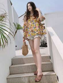 Summer New Loose Sweet 3/4 Sleeve Round Neck Doll Shirt, Fashionable Batwing Sleeve Floral Blouse Vacation Spring - Ginger - View 12