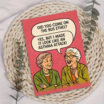 1pc "Did You Come On The Bus Ethel?" Funny Elderly Ladies Greeting Card With Envelope- Retro Cartoon Grandma Duo With Humorous Dialogue Art On Pink Background, Perfect For Friends & Family, Ideal For Birthday & Just-Because Celebrations, Funny Grandma Card|Golden Girls Style Humor Card|Paper Greeting Card, Playful Gift