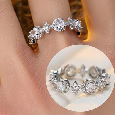 Asymmetrical Cubic Zirconia Inlaid Ring, Niche Luxury Versatile Elegant Couple Rings Suitable For Women's Daily Wear
