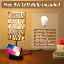 Touch Table Lamp For Bedroom With Bulb, Boho Small Desk Lamp For Living Room With Rattan & Linen Shade, 3 Way Dimmable Bedside Table Lamp For Nightstand With USB Charging Port & Phone Stand For Office - Visa 6