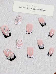 24 Pieces/Set French Square Beaded Three-Dimensional Rhinestone Sweet Press Type Full Cover False Nail Set, Including 1 Piece Of Jelly Gel And 1 Piece Of Nail File, To Add Romance To Daily Dating, Create Sweet Nails, Suitable For Daily Nail Care Needs - Multicolor - View 2