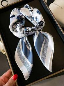 1pc Women's Elegant Retro Printed Lightweight Satin Square Faux Silk Scarf, Bohemian Style Casual Ladies Neck Scarf, Shawl, Thin & Comfortable Women's Headscarf, Suitable For Spring/Summer Daily Wear And Outings - 水鴨藍 - 查看 7