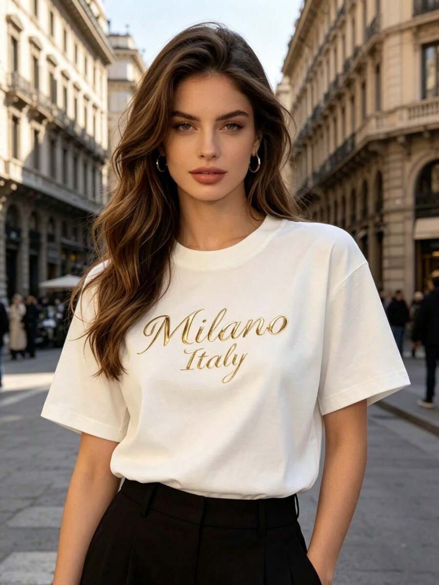 Women'S Soft & Versatile-Shirt With Elegant ITALY Letter Print Comfortable Round Neck, Short Sleeve Casual Top All Seasons, Versatile Tshirt Script Font Top Simple TeSports Short.Conjuntos De Mujer Elegantes,Camisas Para Mujer,Vacation Outfits Women,Summer - 白色 - 查看 1
