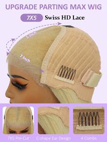 30英寸7x5高清蕾丝闭合假发，即戴即走，直发，无需胶水，长款原生巴西人发假发，巴西丝直发混纺人发假发，250%密度，预先拔毛、漂白、预剪，新手友好，无需胶水，无需技巧，3秒即可佩戴，适合初学者，情人节礼物 - S613 - 查看 8