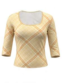 Retro American Style Mesh Plaid Square Collar Cropped Short Sleeve Top, Slim Fit & Sexy For Summer Spring - Khaki - View 7