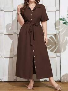 Solid Color Front Button Waist Belt Pocket Office Vacation Plus Size Multi-Color Tie Button Shirt Dress, Straight Split Long Elegant Summer - Coffee - View 4