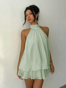 Vestido mini elegante de mujer con cuello halter y lazo en color amarillo claro - Verde 2 - Ver 6