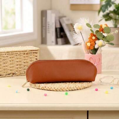 1/2pcs/1set Solid Color Minimalist PU Leather Large Capacity Pencil Case, Used For Makeup, Brushes, And School Supplies(Optional Eraser Set)