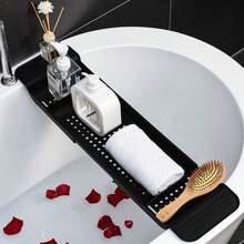 Extendable Bath Tub Caddy, Foldable Wooden Bathtub Storage Rack, Bath Tub Phone Holder Shelf - Black - View 6