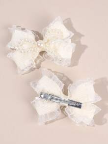 2pcs/Set Pinzas para el cabello con lazo de encaje y volantes, pinzas de cocodrilo con decoración de lazo de perlas falsas, accesorios dulces para el cabello adecuados para niñas en uso diario y fiestas de cumpleaños - Beis - Ver 4