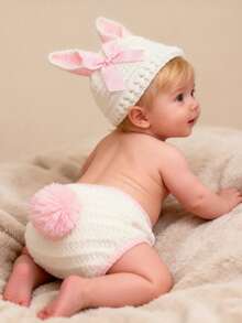 2pcs Newborn Photography Props Handmade Knitted Bow Tie Rabbit Hat And Cover, Photography Accessories For Newborn Baby Boys And Girls - Multicolor - View 2