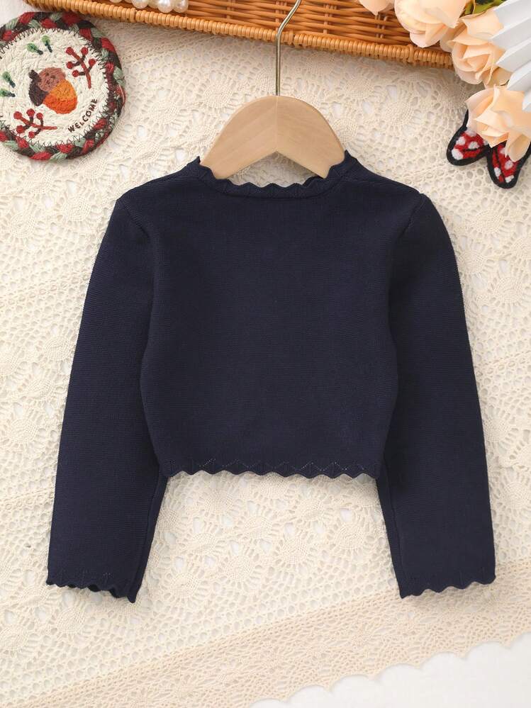 女婴优雅甜美纯色针织披肩，蕾丝设计更添柔软触感，适合日常穿着、外出或作为宰牲节礼物。 - 寶藍色 - 查看 6
