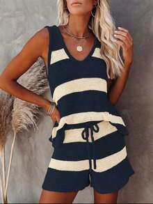 Conjunto de punto de chaleco y pantalones cortos a rayas de contraste de cuello en V, estilo elegante y relajado, adecuado para el uso diario, vacaciones, salidas a la playa en verano - Azul marino - Ver 3