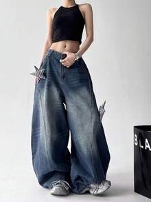 Vaquero estrella tridimensional vaquero masculino y femenino, la misma  de moda de nicho relajado y delgado, pantalones de baile de jazz de piernas anchas de tubo recto - Azul vaquero - Ver 6
