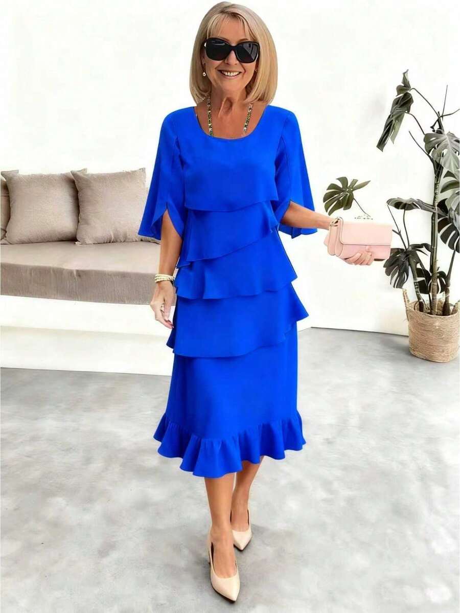 Women's Spring Summer Fashion Tiered Ruffle Crewneck Loose Fit Flowy A-Line Midi Dress Elegant Swing Dress For Daily Beach Vacation Date Night - 藍色 - 查看 1