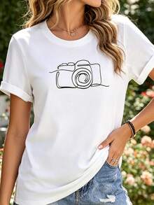 Women T-Shirt Print Photographer Gift,Cute Camera Shirt,Photography Logo,Hobby Shirt,Camera Lovers Shirt,Photography ShirtPhotography Lover,Photography Shirts Breathable Women Slightly Printconjuntos De Mujer Elegantes,Camisas Para Mujer,Vacation Outfits Women,Summer - 白色 - 查看 3