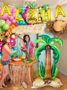 6pcs Coconut Pineapple Foil Balloon Set, Includes Green Oversized Standing Coconut Tree Foil Balloon, Letter Balloons, Green Leaf Pineapple, Suitable For Summer Theme, Birthday Party, Tropical Aloha Party Decoration - Multicolor - View 6