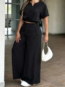 Women's Casual Everyday Commute Minimalist Solid Color Notched Neck Cropped Top And Wide Leg Pants Set, Spring/Summer/Autumn Black Elegant - Black - View 5