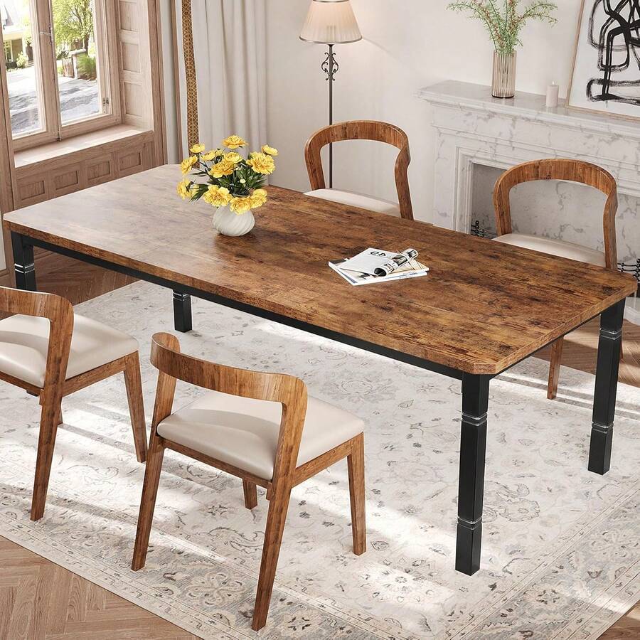 Mesa de comedor de 71 pulgadas para 6-8 personas, mesa de cocina rectangular moderna con piernas de metal resistentes, mesa de comedor de granja de madera grande para oficina en el hogar, conferencia, negro y retro - Marrón - Ver 1