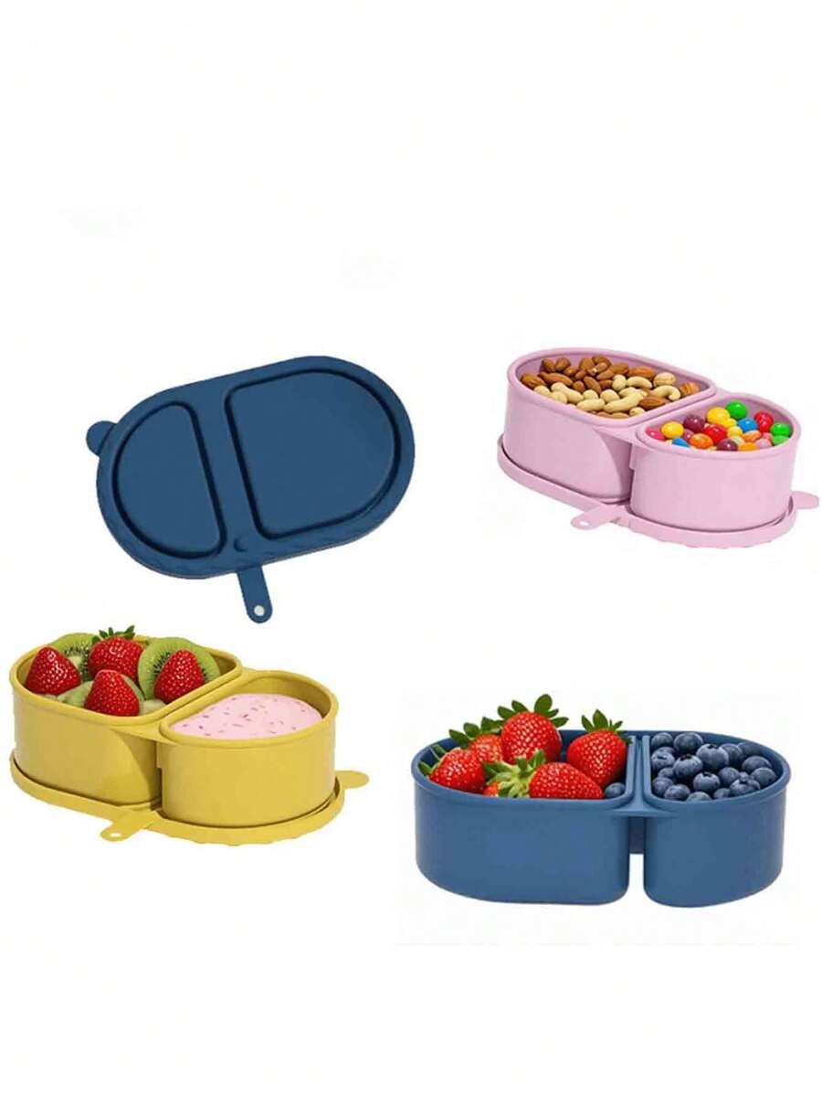 1pc Reusable Silicone Snack Box With Lid, Mini Double-Layer Microwave- Heating Lunch Box Set, Divided Storage Box Bento Box, Leak-Proof Small Food Storage Container With Lid, Macaron Color, Suitable For Outdoor Picnic, School - Multicolor - View 1