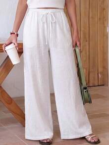 Quần dài nữ màu trắng bằng polyester, dáng suông, có dây rút, kiểu dáng rộng rãi thoải mái, phong cách bohemian, hơi xuyên thấu, co giãn nhẹ, thích hợp mặc mùa hè. - trắng - Xem 2