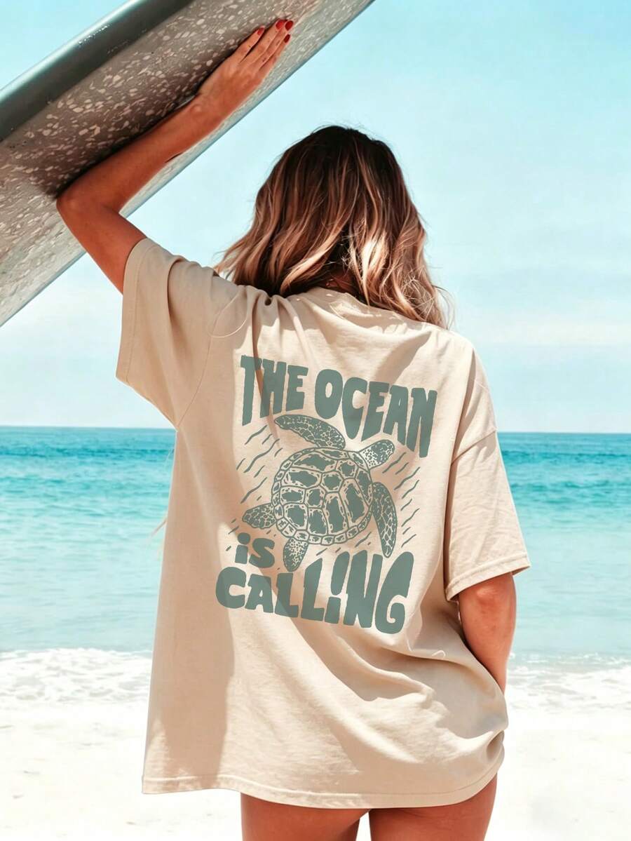 Camiseta de mujer de cuello redondo con estampado de letras de vida oceánica de verano, camiseta gráfica, blanca, negra, rosa casual