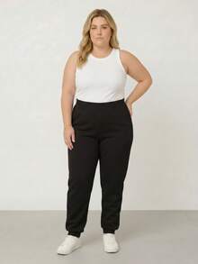 Set Of 2 Stylish Plus Size Fleece-Lined Sweatpants, Warm And Cozy, With Cuffs And Pockets. High Quality, High Waist, Casual, Luxurious, Perfect For Mother's Day. - 灰色和黑色 - 查看 5