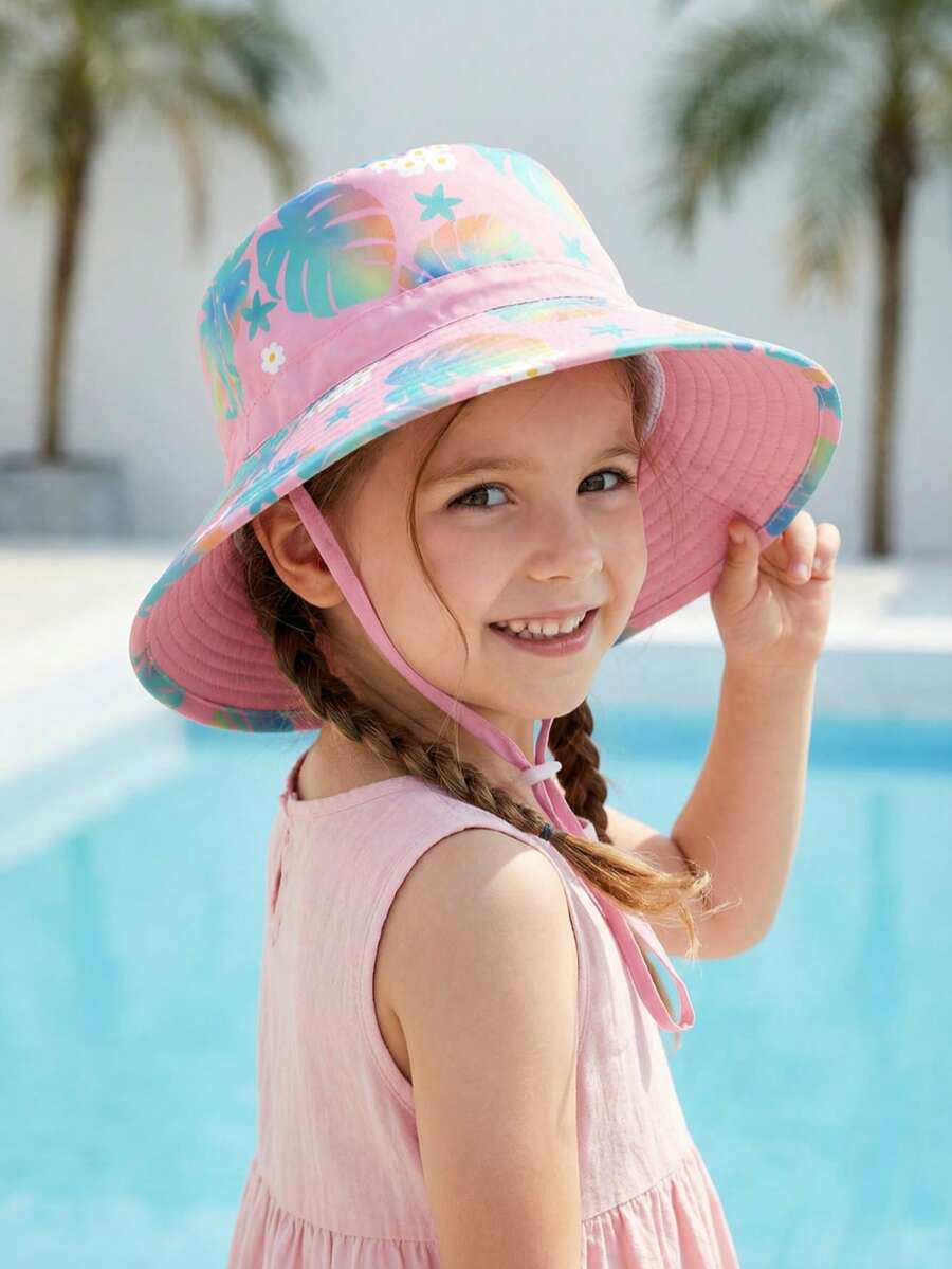女孩印花夏季渔夫帽，带下巴系带，适合海滩度假 - 1PC - 查看 1