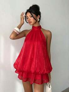 Vestido mini elegante de mujer con cuello halter y lazo en color amarillo claro - Burdeos - Ver 7