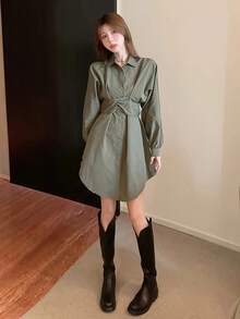 Women Midi Dresses - Olive Green - View 6